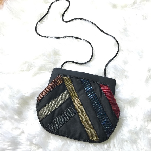 True Vintage La Regale Black Satin Beaded Handbag - Picture 4 of 8